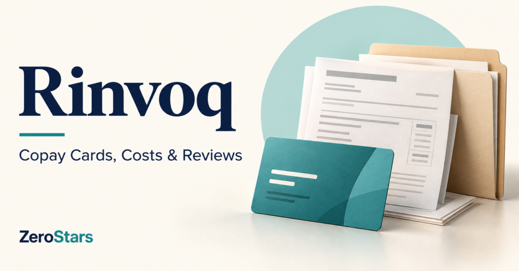 Rinvoq copay cards, costs and reviews illustrated by a generic savings card, folder and prescription paperwork.