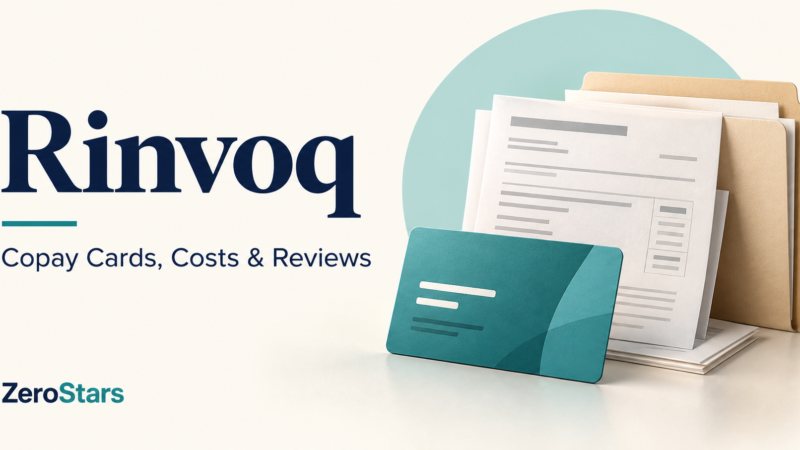 Rinvoq copay cards, costs and reviews illustrated by a generic savings card, folder and prescription paperwork.