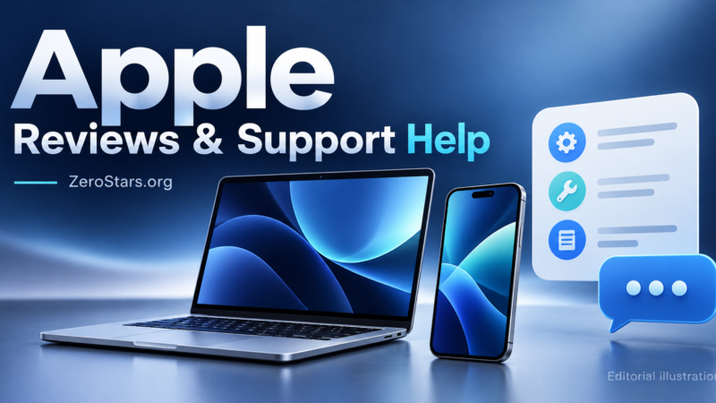 Editorial illustration of generic intact devices, a service checklist and chat bubble for Apple reviews and support help.