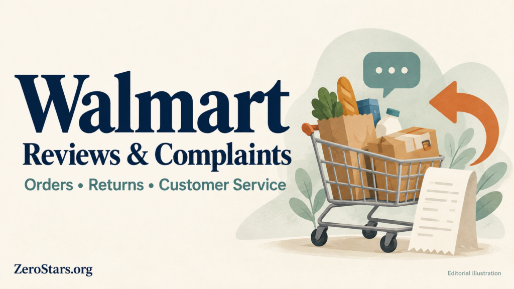 Walmart reviews and complaints illustration with a shopping cart, groceries, parcel, receipt, chat bubble and return arrow.