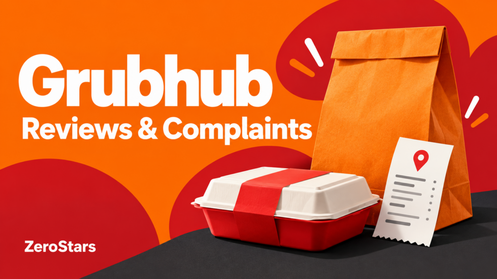 Grubhub reviews and complaints illustration with a generic takeout bag, meal container and receipt in orange and red.
