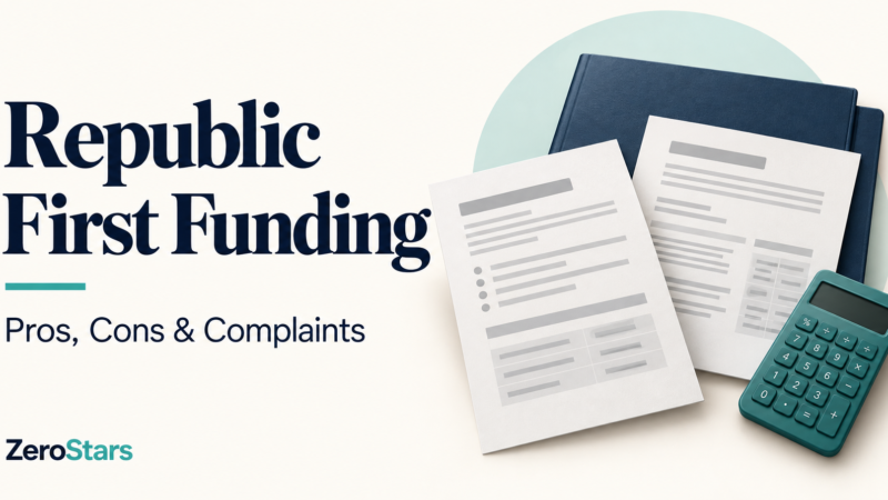 Republic First Funding pros, cons and complaints illustrated by generic loan-offer sheets, a document folder and calculator.
