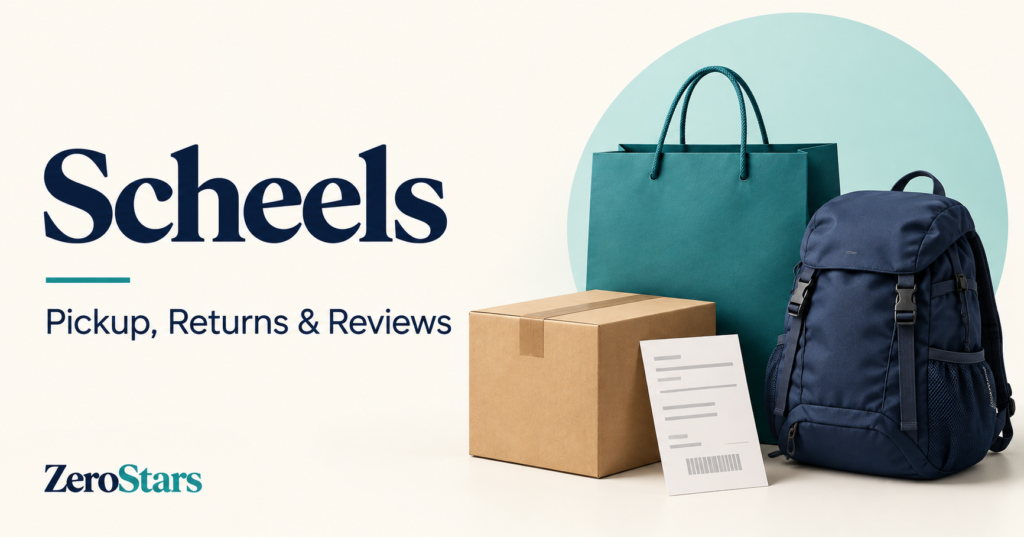Scheels pickup, returns and reviews illustrated by a generic shopping bag, parcel, receipt and outdoor backpack.