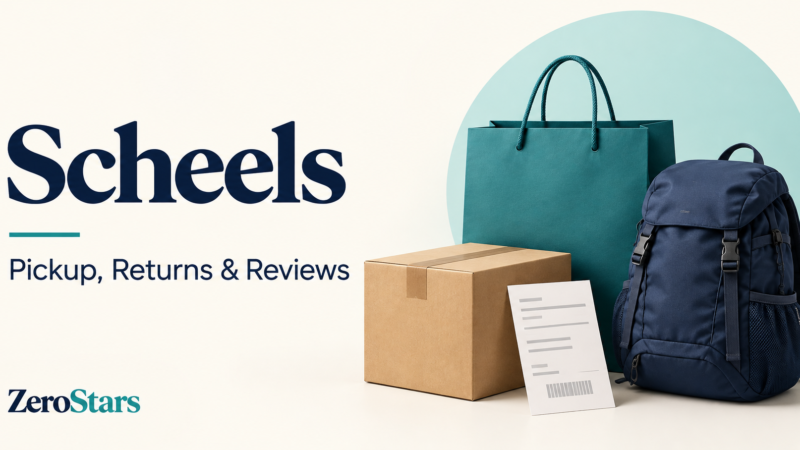 Scheels pickup, returns and reviews illustrated by a generic shopping bag, parcel, receipt and outdoor backpack.