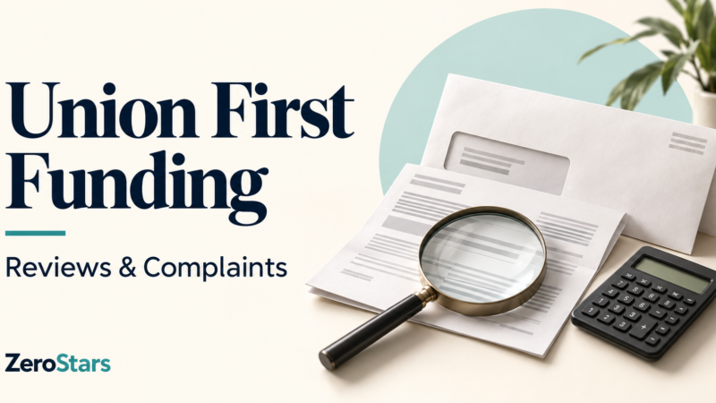 Union First Funding reviews and complaints illustrated by generic loan paperwork, an envelope, magnifying glass and calculator.