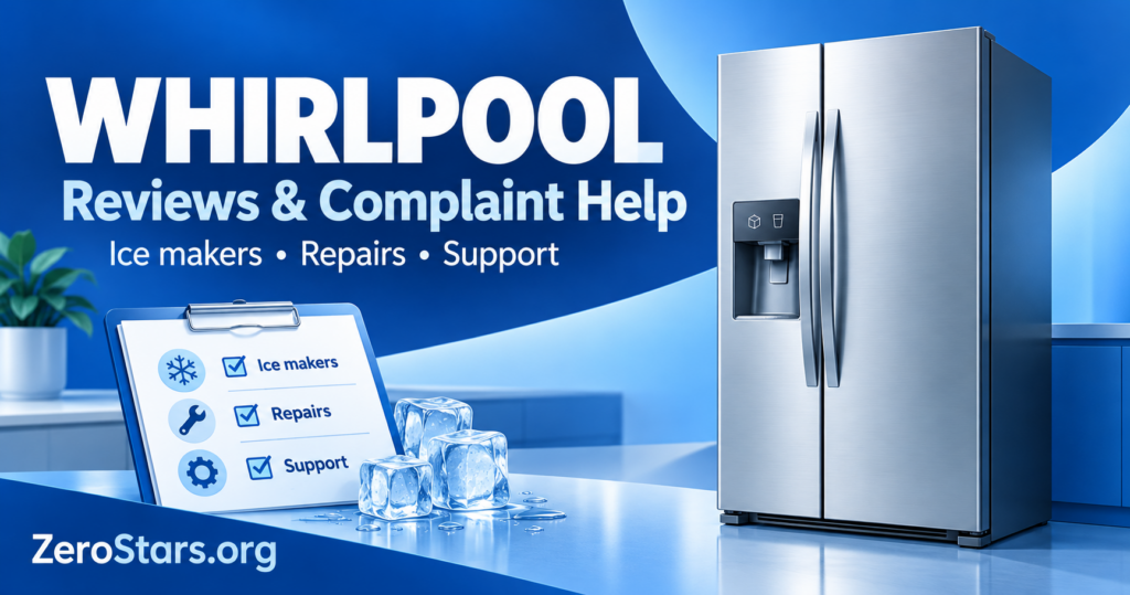 Blue and silver editorial illustration of an unbranded side-by-side refrigerator, ice cubes and service checklist for Whirlpool reviews and complaint help.