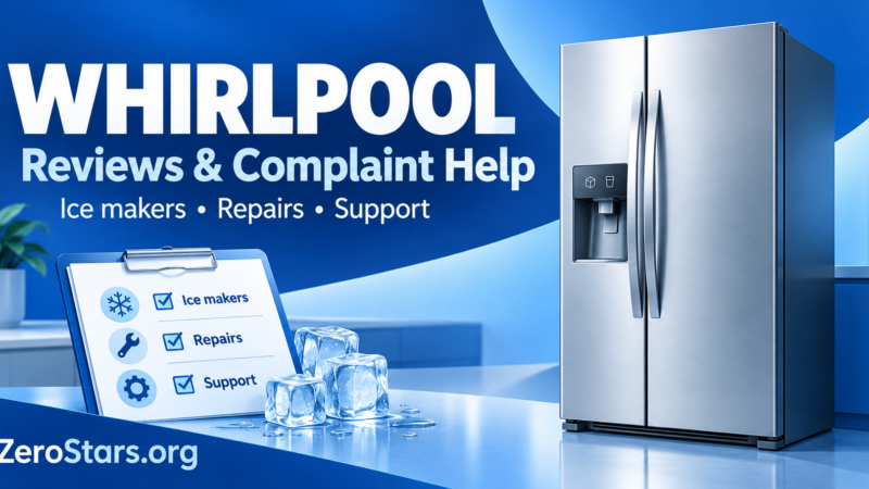 Blue and silver editorial illustration of an unbranded side-by-side refrigerator, ice cubes and service checklist for Whirlpool reviews and complaint help.