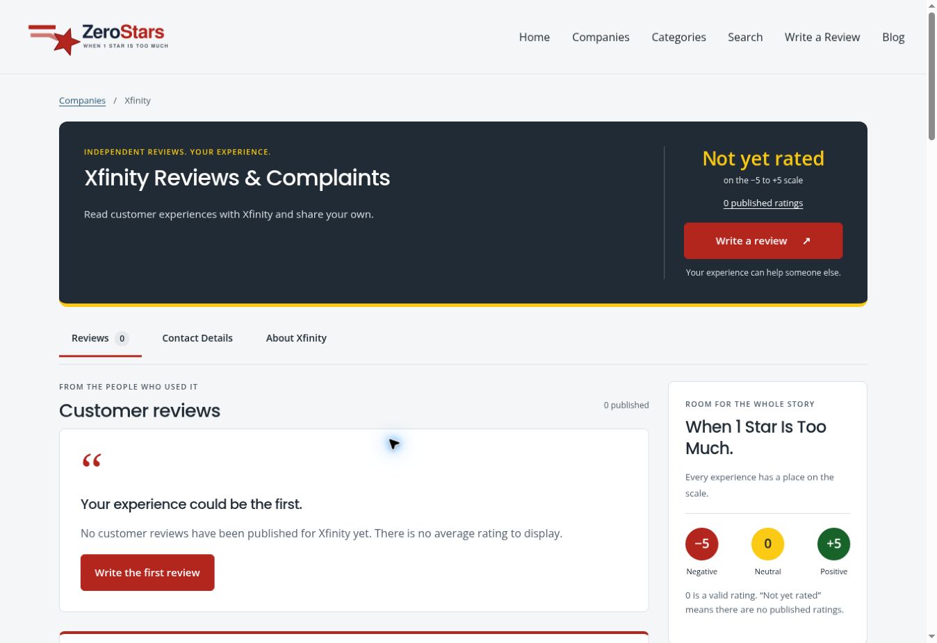 Xfinity company page — no published ratings at capture