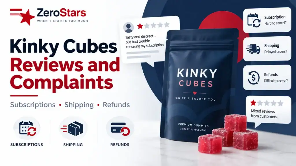 Kinky Cubes reviews and complaints graphic highlighting subscription, shipping and refund concerns