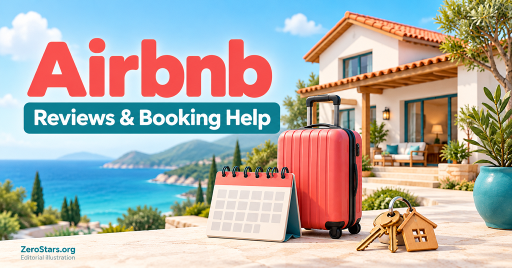 Editorial illustration of a vacation home, suitcase, calendar and keys for Airbnb reviews and booking help.