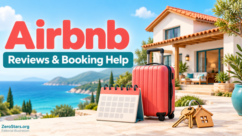 Editorial illustration of a vacation home, suitcase, calendar and keys for Airbnb reviews and booking help.