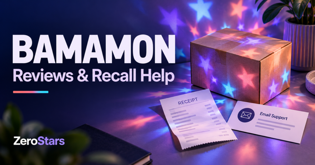 Toy parcel, receipt and email-support card with abstract colored light patterns illustrating BAMAMON recall help.