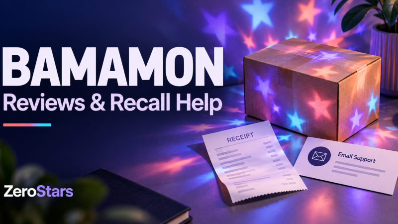 Toy parcel, receipt and email-support card with abstract colored light patterns illustrating BAMAMON recall help.