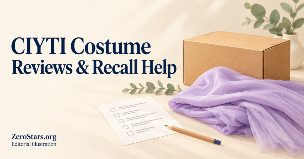 Editorial illustration of a generic costume parcel, folded fabric and a private refund checklist for CIYTI costume reviews and recall help.
