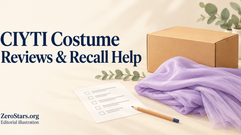 Editorial illustration of a generic costume parcel, folded fabric and a private refund checklist for CIYTI costume reviews and recall help.