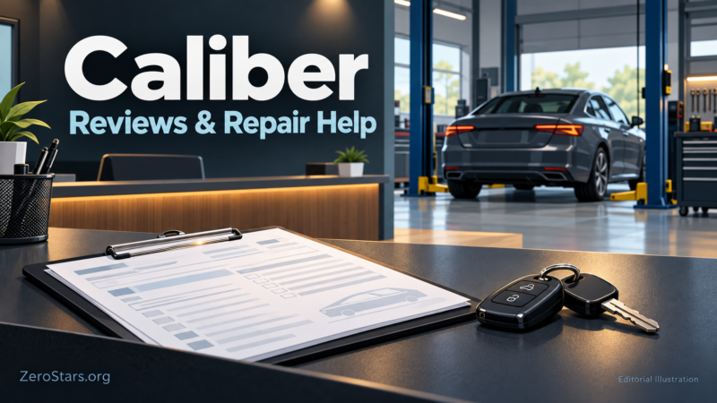Editorial illustration of a generic car, repair paperwork and vehicle keys for Caliber reviews and repair help.