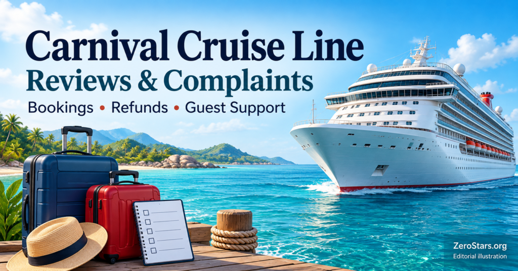 Editorial illustration of a generic cruise ship, luggage and travel checklist for Carnival Cruise Line reviews and complaints.