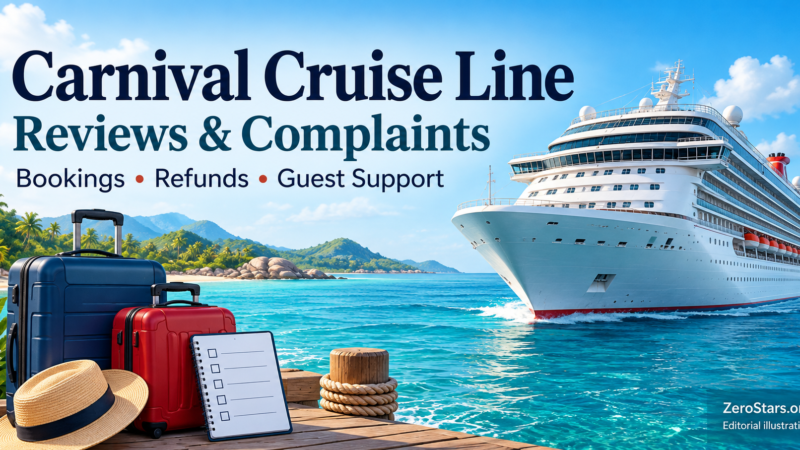 Editorial illustration of a generic cruise ship, luggage and travel checklist for Carnival Cruise Line reviews and complaints.