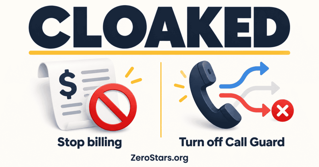 Cloaked illustration separating stopping subscription billing from turning off Call Guard call routing.