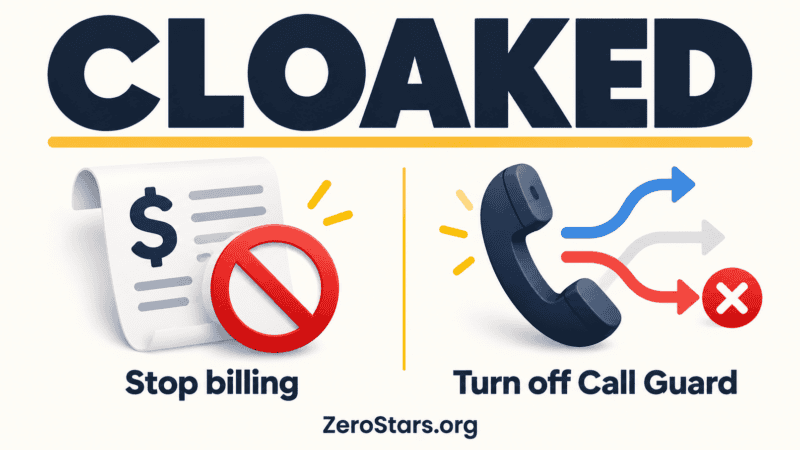 Cloaked illustration separating stopping subscription billing from turning off Call Guard call routing.
