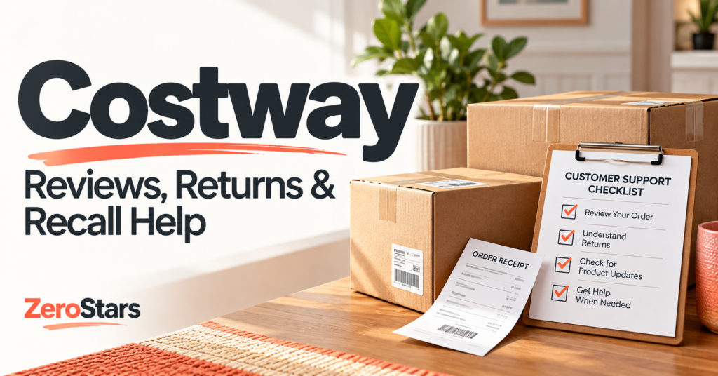 Delivery cartons, a receipt and customer-support checklist illustrating Costway reviews, returns and recall help.