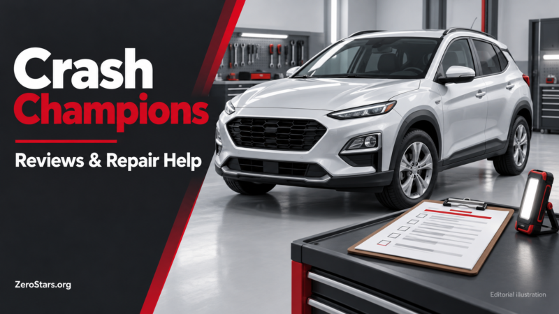 Editorial illustration of a generic car, repair progress checklist and inspection light for Crash Champions reviews and repair help.