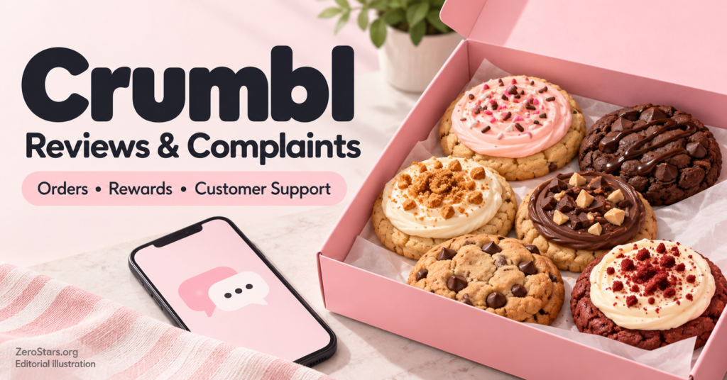 Editorial illustration of cookies in a generic pink bakery box and a phone with a chat symbol for Crumbl reviews and support.