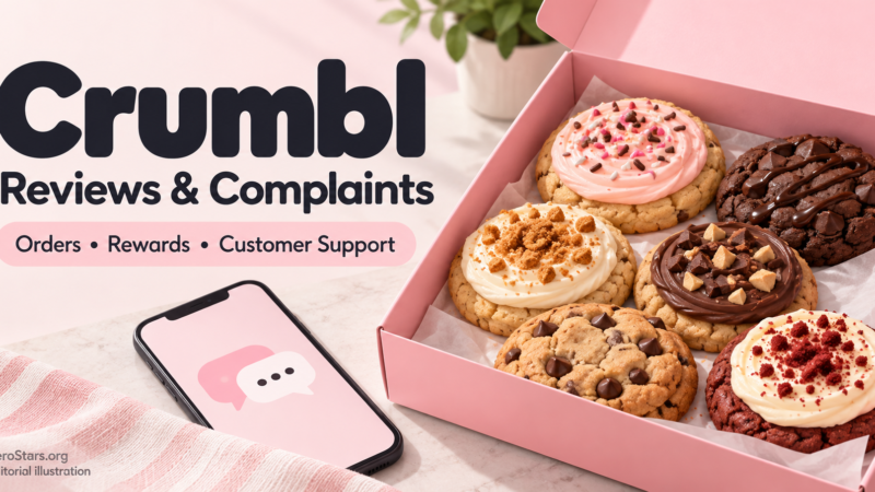 Editorial illustration of cookies in a generic pink bakery box and a phone with a chat symbol for Crumbl reviews and support.