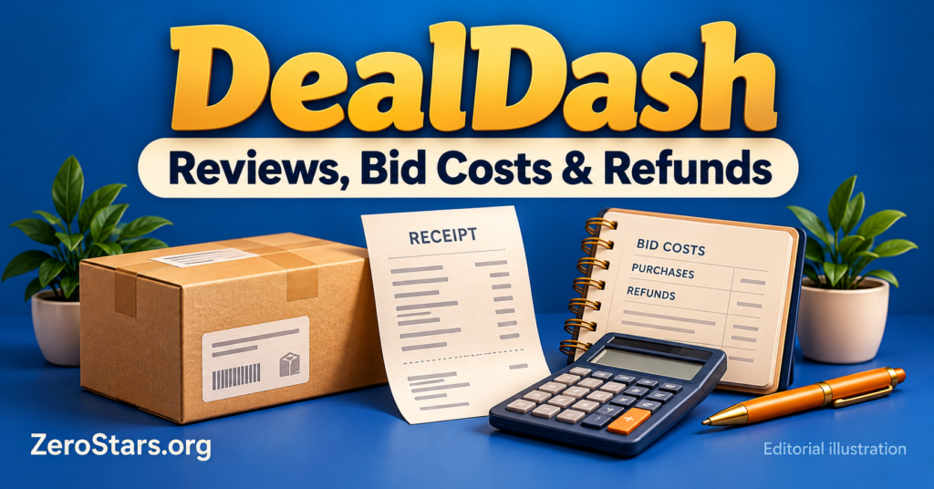 Editorial illustration of a parcel, generic receipt, cost ledger and calculator for DealDash reviews, bid costs and refunds.