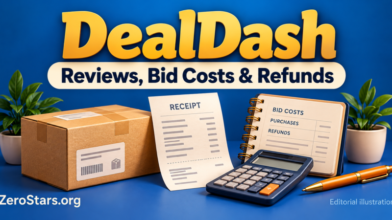 Editorial illustration of a parcel, generic receipt, cost ledger and calculator for DealDash reviews, bid costs and refunds.