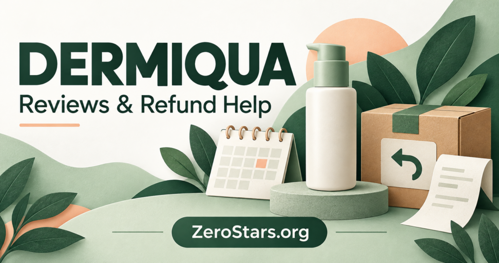 Green editorial illustration of an unbranded skincare bottle, calendar, return parcel and receipt for Dermiqua reviews and refund help.