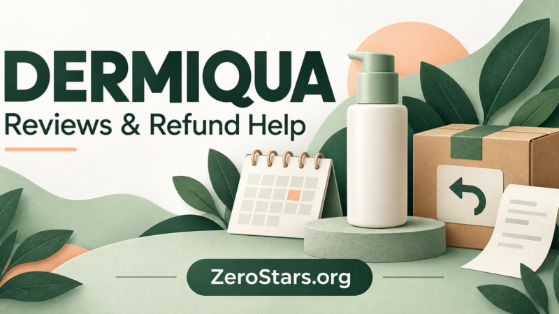 Green editorial illustration of an unbranded skincare bottle, calendar, return parcel and receipt for Dermiqua reviews and refund help.