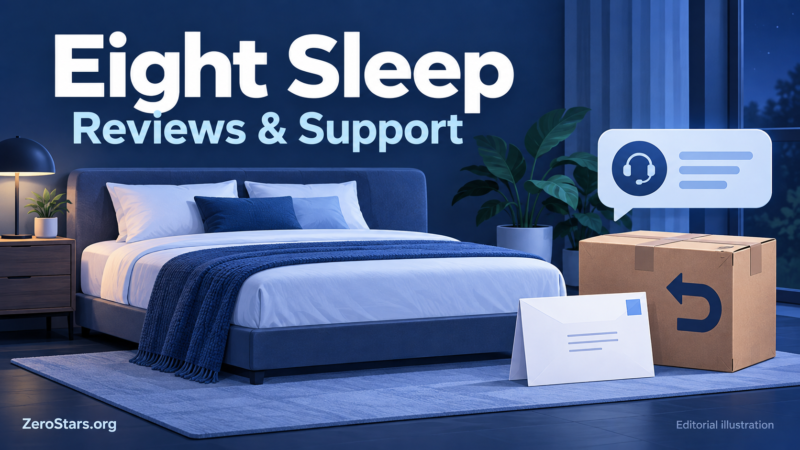 Editorial illustration of a generic bedroom, return parcel, envelope and support symbol for Eight Sleep reviews and support.
