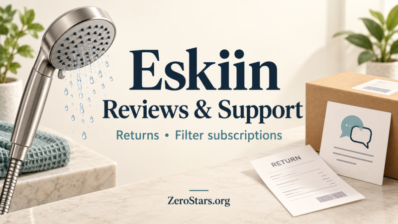 Illustrated showerhead, return parcel and support card for Eskiin reviews, returns and filter subscriptions.