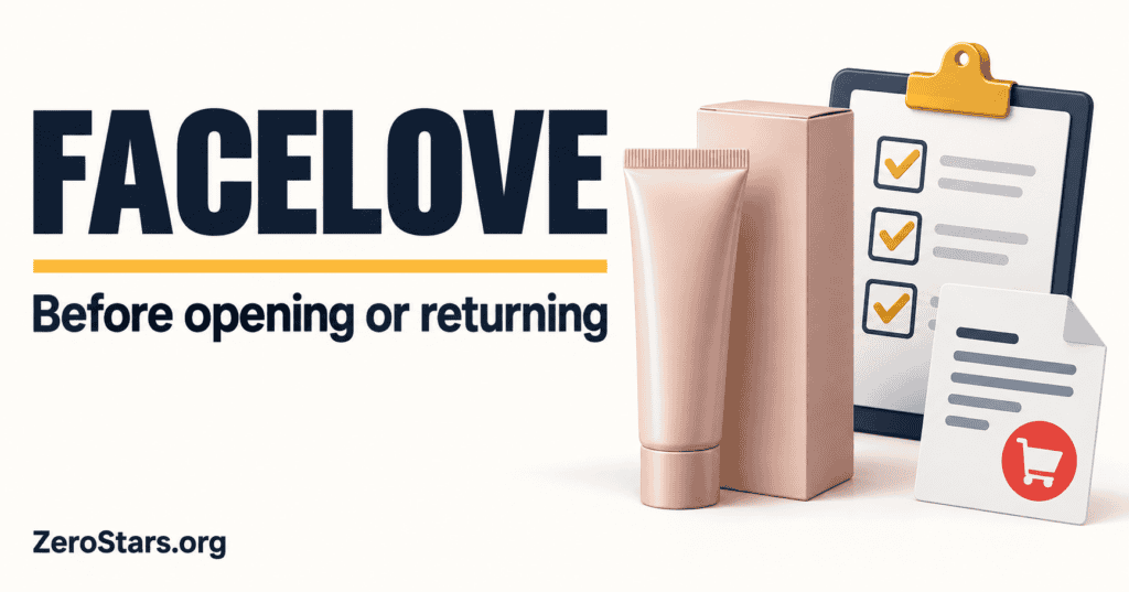 FaceLove purchase and return illustration showing an unbranded sealed cosmetic tube, checklist and order document.