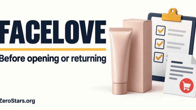 FaceLove purchase and return illustration showing an unbranded sealed cosmetic tube, checklist and order document.