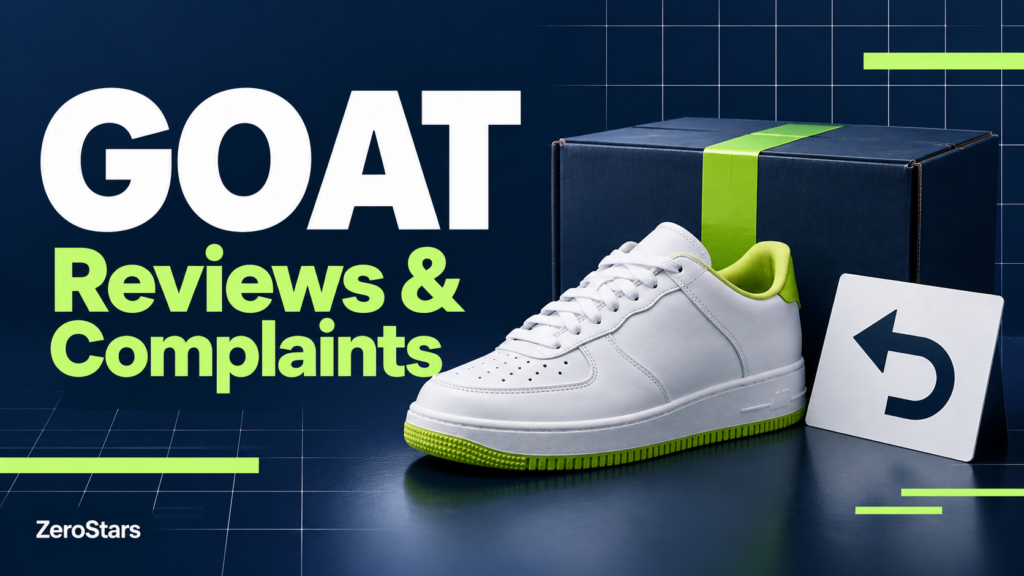 GOAT reviews and complaints illustration with an unbranded sneaker, parcel and return arrow in navy, white and lime.