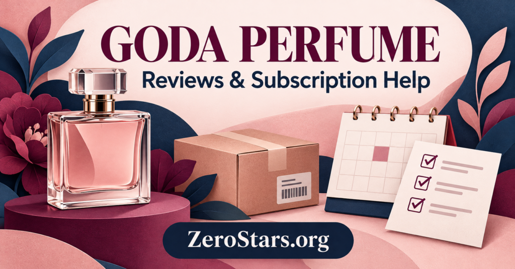 Plum and pink editorial illustration of a generic perfume bottle, parcel, calendar and checklist for GODA perfume reviews and subscription help.