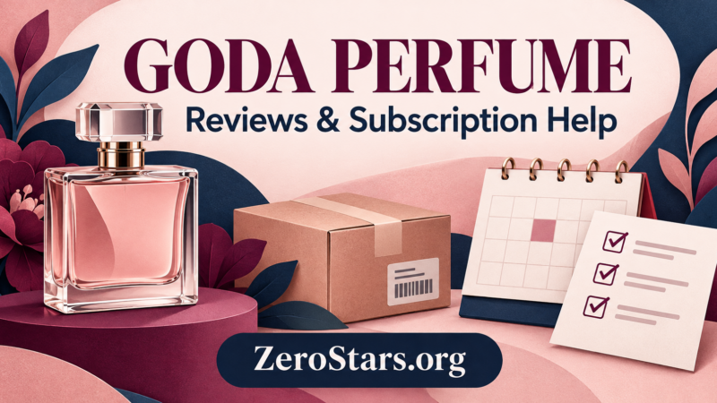 Plum and pink editorial illustration of a generic perfume bottle, parcel, calendar and checklist for GODA perfume reviews and subscription help.