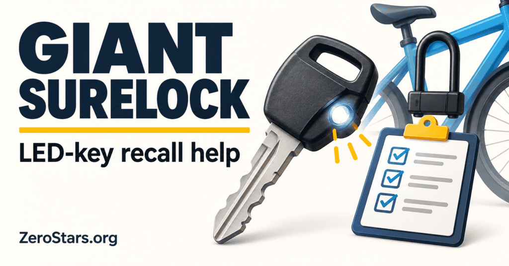 Giant SureLock recall-help illustration showing a generic LED key, bicycle lock and checklist.