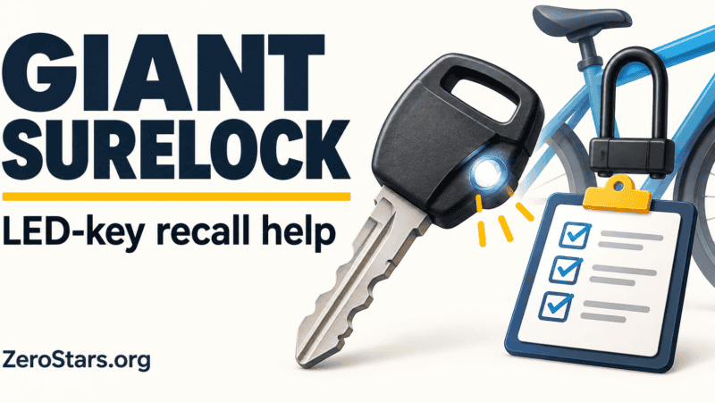 Giant SureLock recall-help illustration showing a generic LED key, bicycle lock and checklist.