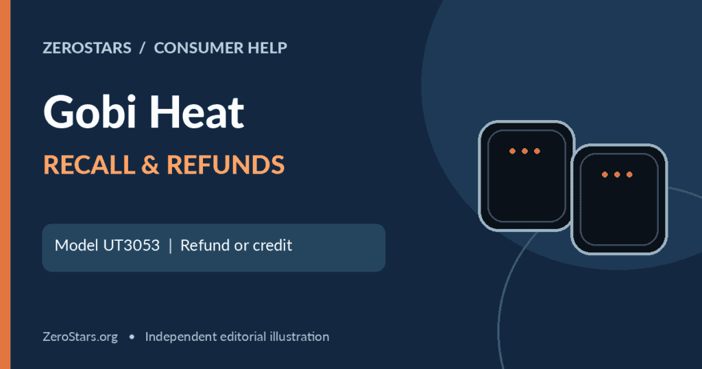 Illustrative Gobi Heat UT3053 rechargeable hand warmer recall and refund or credit information.