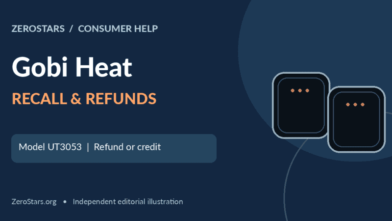 Illustrative Gobi Heat UT3053 rechargeable hand warmer recall and refund or credit information.