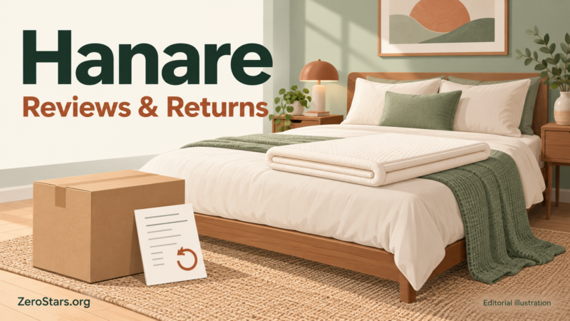 Editorial illustration of a generic bed, folded mattress topper, shipping box and return paperwork for Hanare reviews and returns.