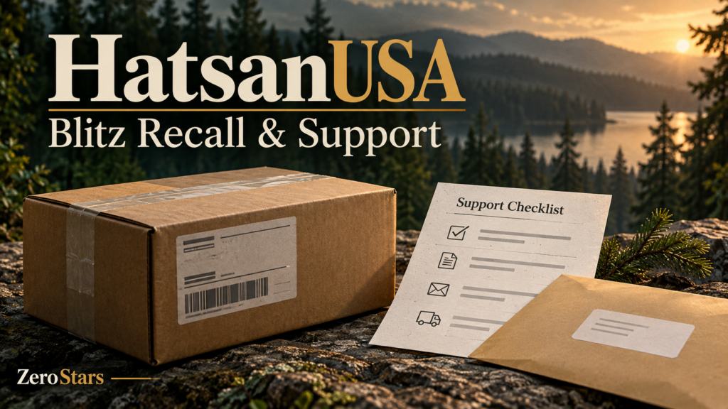 HatsanUSA Blitz recall and support illustration with a generic shipping box and support checklist against a forest landscape.