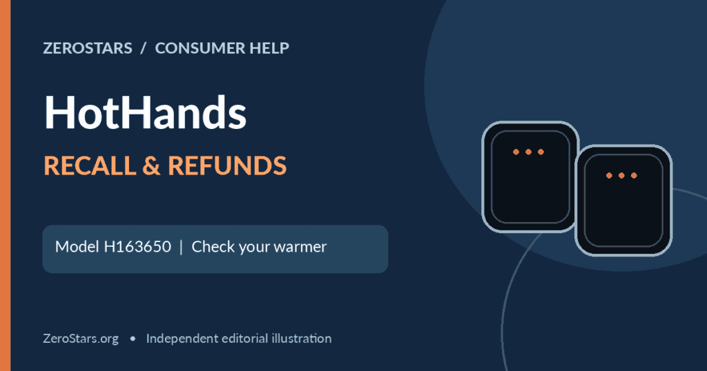 Illustrative HotHands H163650 rechargeable hand warmer recall graphic with refund claim guidance.