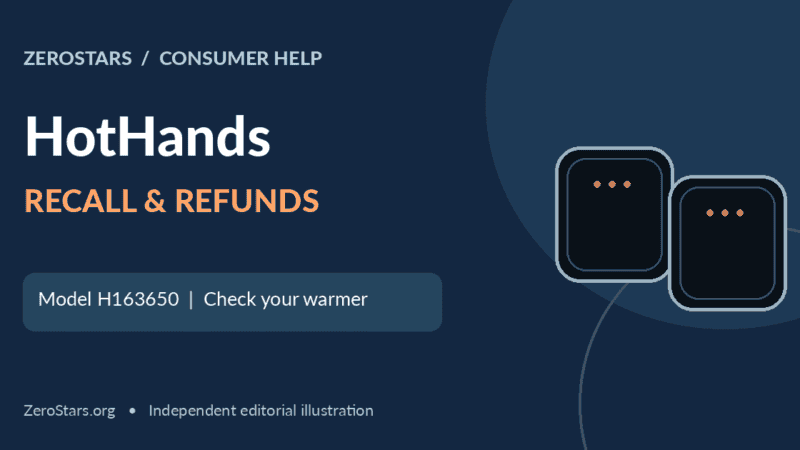 Illustrative HotHands H163650 rechargeable hand warmer recall graphic with refund claim guidance.