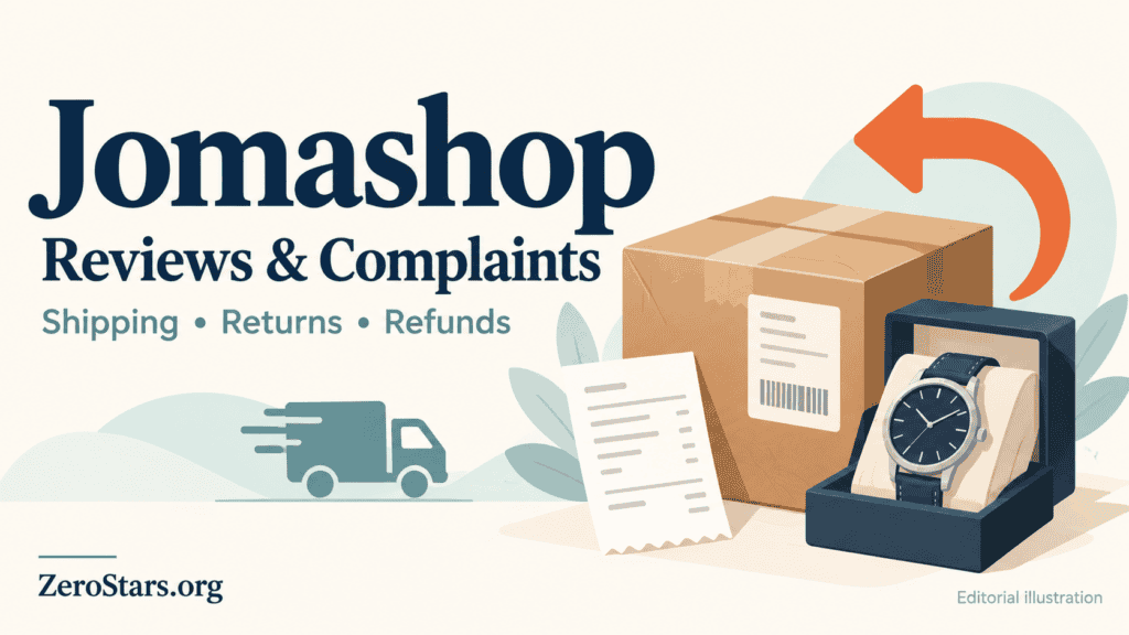 Jomashop review illustration showing a parcel, receipt, generic watch and return arrow.
