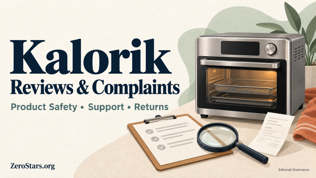 Kalorik editorial illustration with a generic countertop oven, information checklist, receipt and magnifying glass.