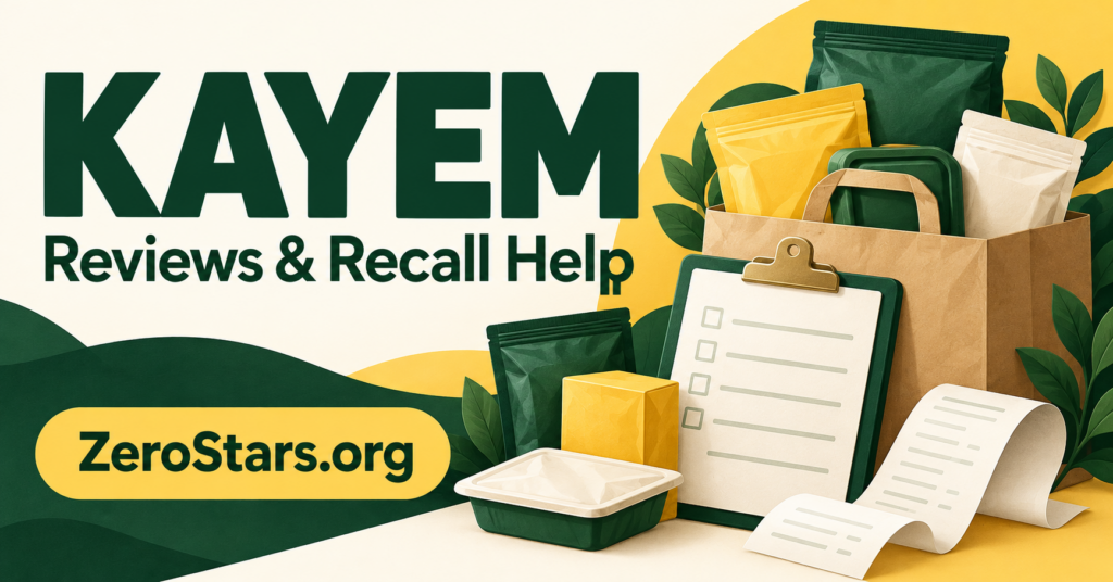 Green and yellow editorial illustration of unbranded grocery packages, a shopping bag, receipt and checklist for Kayem reviews and recall help.